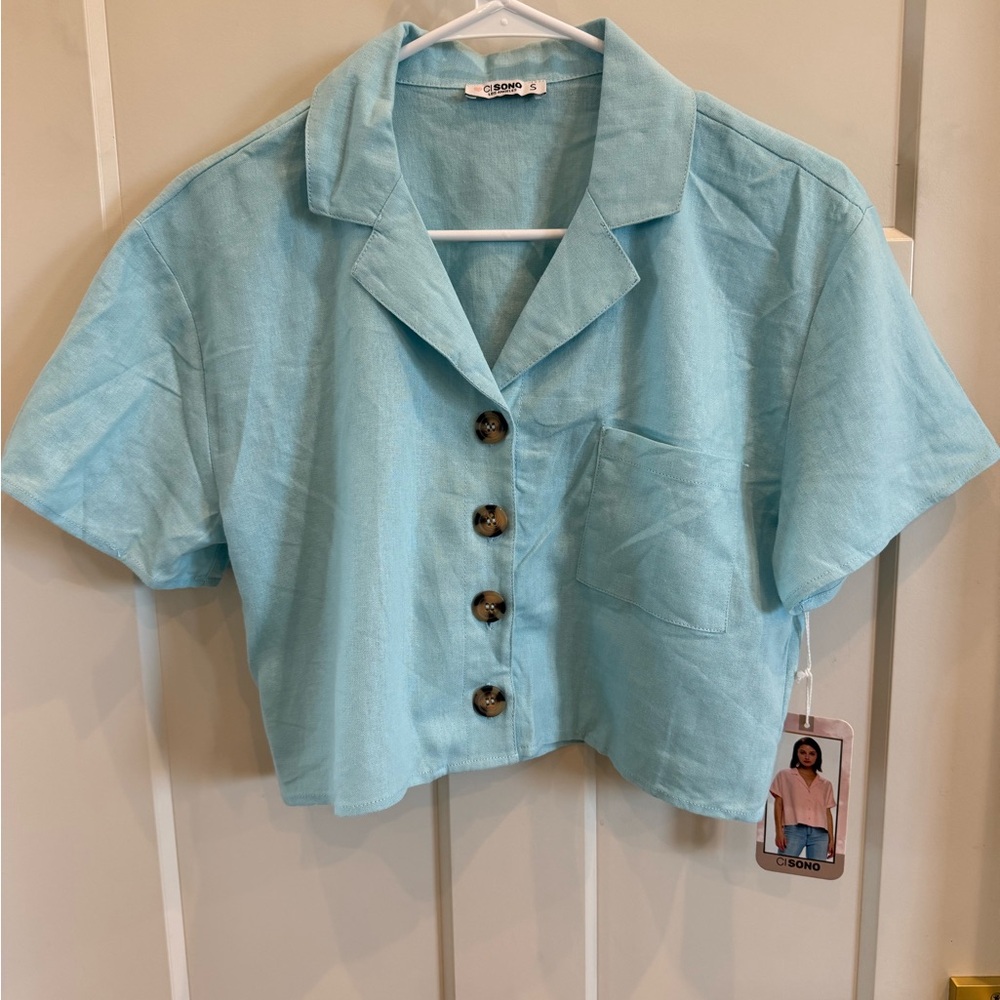 Ci Sono Sky Blue Cropped Button-Down W S Shirt 55% Linen and 45% Rayon